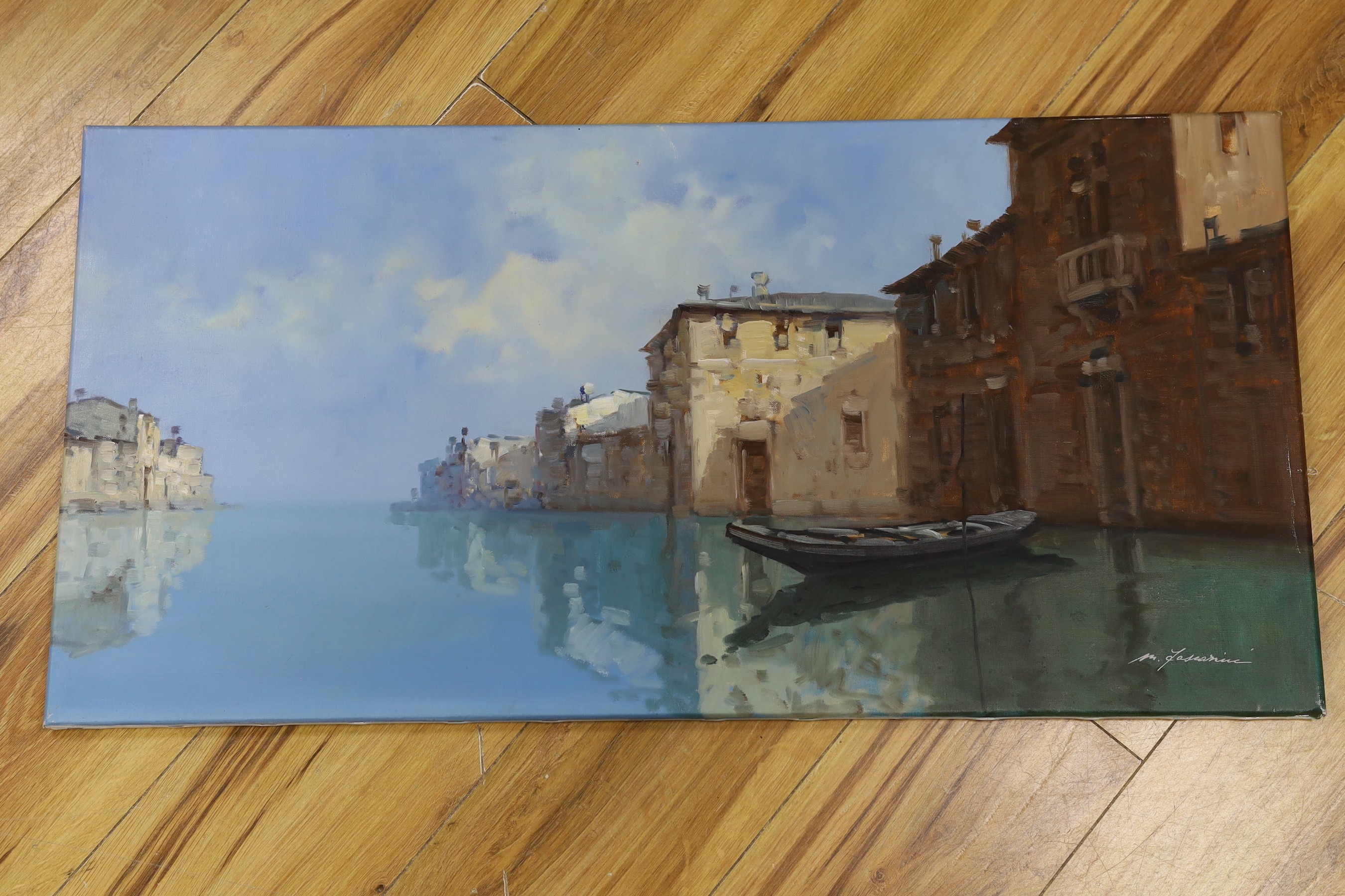 M. Fasciorini, oil on canvas, Venetian canal scene, signed, 40 x 81cm, unframed